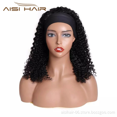 Wholesale Black 20 Inch Body Wave Cheap Black Women Raw Brazillian Real Human Hair Half Wigs With Ice Silk Headband Clipin Curly